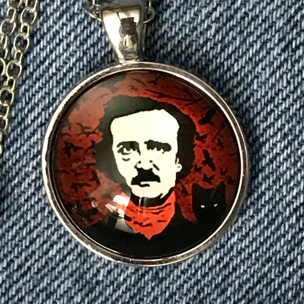 Edgar Allan Poe and Black Cat Pendant Necklace